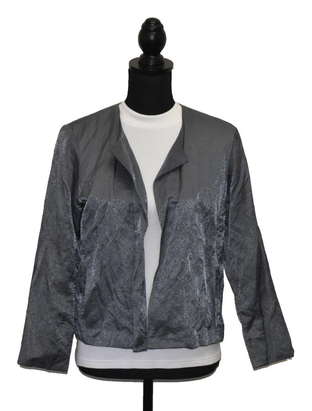 A6 Auth EILEEN FISHER Grey Metallic Cotton Blend Open Silk Lined Jacket Size M